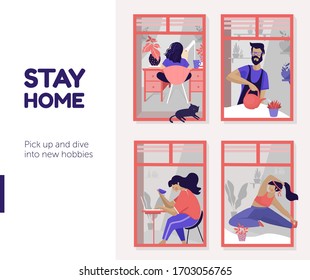 Vector illustration of self isolated people during quarantine. pick up new hobbies. stay home and safe lives.