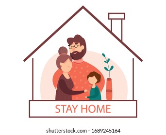 Vector illustration of self quarantine. Family at home. Stay at home concept.  Epidemic prevention. Fears of getting COVID-19 coronavirus. social media campaign of pandemic control.  Virus. 
