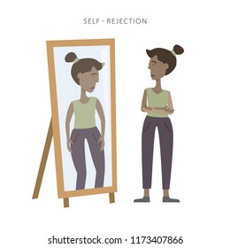 Vector illustration of self rejection and self acceptance. Young woman in depression watching disappointed at her reflection in the mirror