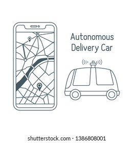 Vector illustration with self-driving car, automated car, autonomous vehicle,  driverless car. Navigation, remote control, tracking transport. Order in the application, delivery with robot car.