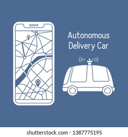 Vector illustration with self-driving car, automated car, autonomous vehicle,  driverless car. Navigation, remote control, tracking transport. Order in the application, delivery with robot car.