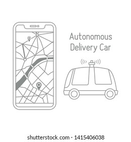 Vector illustration with self-driving car, automated car, autonomous vehicle,  driverless car. Navigation, remote control, tracking transport. Order in the application, delivery with robot car.