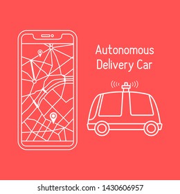 Vector illustration with self-driving car, automated car, autonomous vehicle,  driverless car. Navigation, remote control, tracking transport. Order in the application, delivery with robot car.