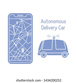 Vector illustration with self-driving car, automated car, autonomous vehicle,  driverless car. Navigation, remote control, tracking transport. Order in the application, delivery with robot car.