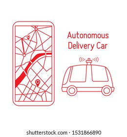 Vector illustration with self-driving car, automated car, autonomous vehicle,  driverless car. Navigation, remote control, tracking transport. Order in the application, delivery with robot car.