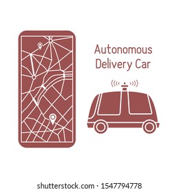 Vector illustration with self-driving car, automated car, autonomous vehicle,  driverless car. Navigation, remote control, tracking transport. Order in the application, delivery with robot car.