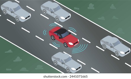 Vector illustration of a self-driving car with smart sensors on a highway. Autonomous Vehicle with advanced sensors, navigating confidently among conventional cars.