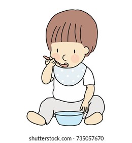 Vector illustration of self-feeding toddler. Little kid learning to eat food in bowl with spoon by self. Early childhood development - self feeding, self care, education & learning concept.