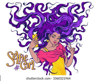 vector illustration of a selfie girl with long purple hair