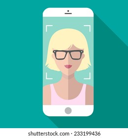 Vector illustration of selfie on mobile phone in trendy flat style. Vector icon of girl taking picture on smartphone
