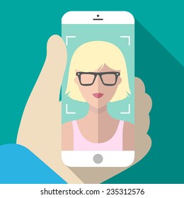 Vector illustration of selfie on mobile phone in trendy flat style. Vector icon of girl taking picture on smartphone