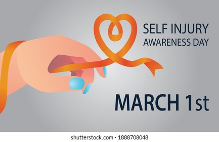 vector illustration of self-injury awareness concept, a hand holding a ribbon in the shape of love