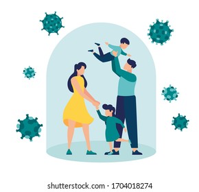 Vector illustration, Self-isolation from a pandemic. Family quarantined and isolated under a glass dome under protection vector