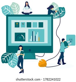 Vector illustration, Self-isolation from a pandemic. Remote work from home during quarantine online