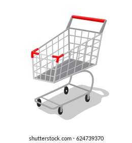 Vector illustration self-service supermarket shopping trolley cart with red handle.