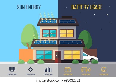 Vector Illustration Of Self-sufficient House With Solar Panels On The Roof. Flat Style.