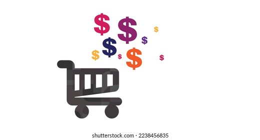 vector illustration of selling or buying goods with shopping stroller and money symbols