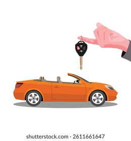 Vector illustration of selling or rent car business in cartoon flat style design. Man hand holding car key, illustration or icon for automotive trading transportation