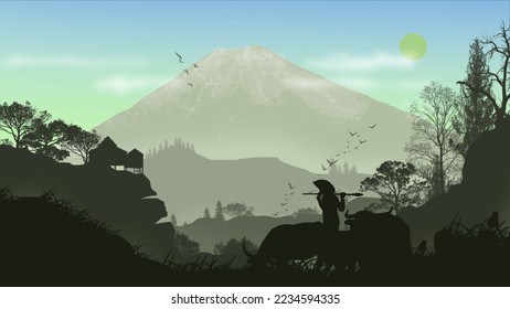 Vector illustration of Semeru mountain located in East Java, Indonesia. Landscape with beautifull view, man and forest. sunrise and sunset in mountains.