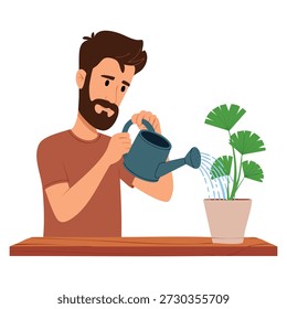 Ilustração vetorial semi plana cor homem regando plantas domésticas estilo simples desenho animado figura editável meio corpo jardinagem chore design para web gráfica e uso de animação