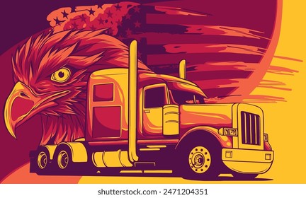 vector illustration of semi truck with american flag and eagle head