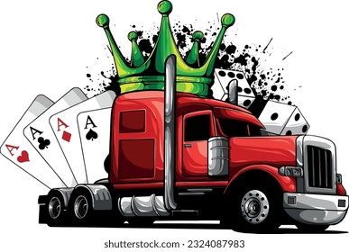 vector illustration of semi truck with crown and poker aces