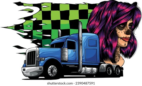 vector illustration of semi truck with head girl and race flag