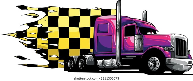 vector illustration of semi truck with race flag