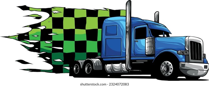 vector illustration of semi truck with race flag