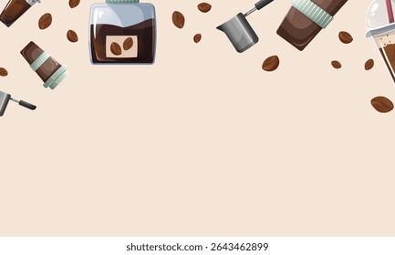 A vector illustration of a semicircular coffee-themed frame at the top, featuring takeaway coffee cups, a glass jar of roasted beans, a cezve, and scattered coffee beans. Set against beige background