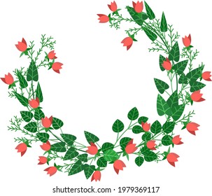 Vector illustration - semicircular frame of red flowers and green ivy leaves and twigs, in spring or summer theme. May be used for photo decoration, portrait details, presentations, memorable albums