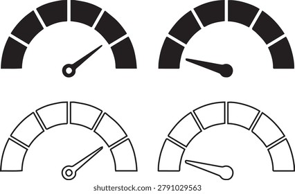 Vector illustration of semicircular gauge icons with segmented arcs and needles, representing measurement, performance levels, dashboard indicators, and modern data visualization designVector illustration of semicircular gauge icons with segmented arcs and needles, representing measurement, performance levels, dashboard indicators, and modern data visualization design