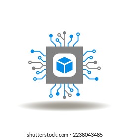 Vector illustration of semiconductor and 3d cube. Symbol of microchip, microprocessor. Sign of computer blockchain crypto technology.