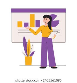 Ilustración vectorial de un seminario, presentación o conferencia. Mujer oradora. Gráfico vectorial.