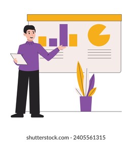 Vector illustration of a seminar, presentation or conference. Man speaker. Vector graphic.