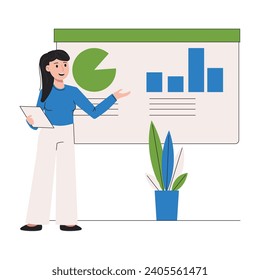 Vector illustration of a seminar, presentation or conference. Woman speaker. Vector graphic.
