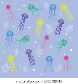Vector illustration. Semless, colorful, cute pattern with jelly fishes. Blue background. 