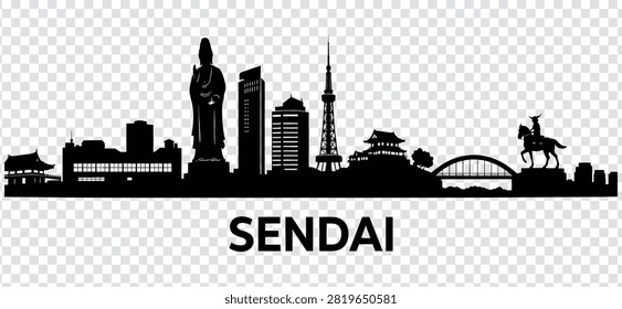 Vector illustration of Sendai city skyline silhouette, featuring iconic landmarks and buildings, isolated on a transparent background.
