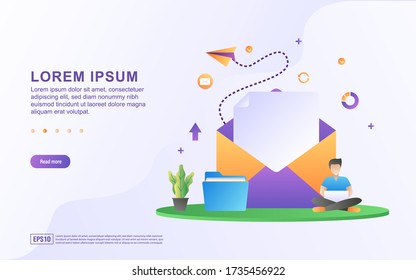 Vector illustration of sending emails and files with email and folders icon.