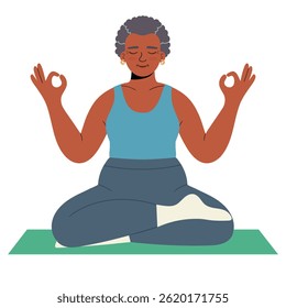 Vector illustration of a senior African-American woman practicing yoga in a seated lotus position. She is meditating with closed eyes and hands in a mudra gesture, sitting on a green mat. The illustra