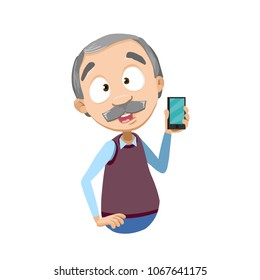 Vector illustration of senior aged male character holding smartphone. Granddad showing mobile phone and smiling. Isolated on white background. Flat style