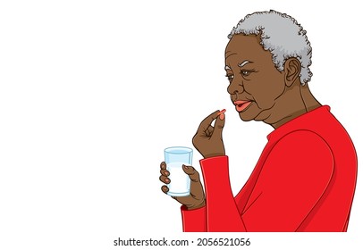 Vector illustration of senior american african woman taking vitamin pill, medicine or capsule with glass of water, in front of her mouth for health care, on white, Medication and health care concepts