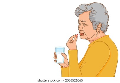 Vector illustration of senior asian woman taking vitamin pill, medicine or capsule with glass of water, in front of her mouth for health care, on white, Medication and health care concepts