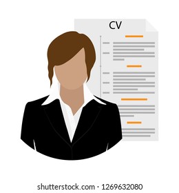 Vector illustration senior businesswoman woman character with CV or resume. Curriculum Vitae icon. Interview job concept