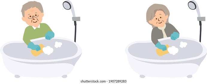 Vector illustration of senior citizen cleaning the bath