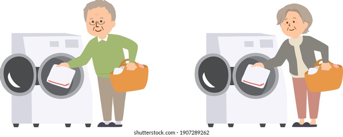 Vector illustration of senior citizen doing the laundry
