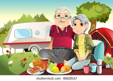 A vector illustration of senior couple camping and having a picnic