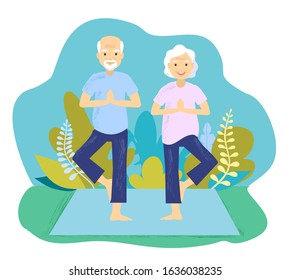 A Vector Illustration Of Senior Couple Doing Yoga Exercise. Senior Couple Doing Yoga Exercise. Grandpa And Grandmother Standing In Yoga Pose. Athletic Elderly Concept.