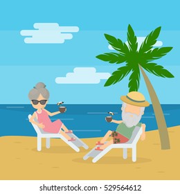 Vector Illustration Of Senior Couple Enjoying Their Retirement At The Beach