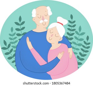 Imagen vectorial de una pareja mayor enamorada. Los abuelos se abrazan. Personas mayores. Feliz Día de los Abuelos. Día del anciano. Día de la familia. 
